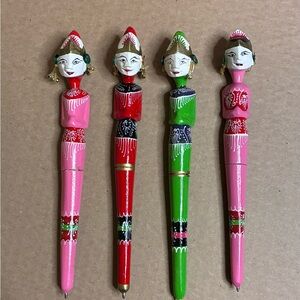 4 Vintage Wooden Carved Hand Painted Indonesia Wayang Golek Pen Puppets Office.